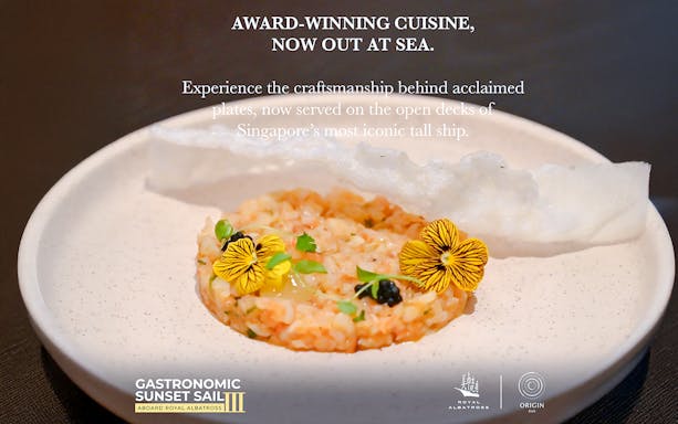 Gourmet dish served on The Royal Albatross dinner cruise in Singapore.
