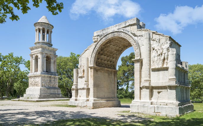 Glanum Archaeological Site with Roman mausoleum and triumphal arch in Saint-Rémy-de-Provence.