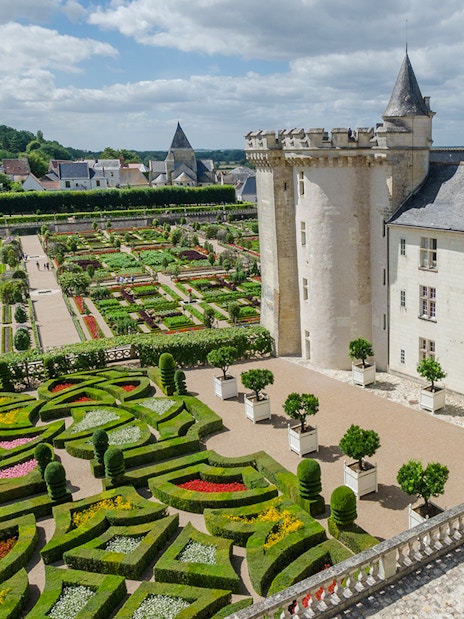 Aerial view of Chateau de Villandry gardens with intricate geometric patterns, France.