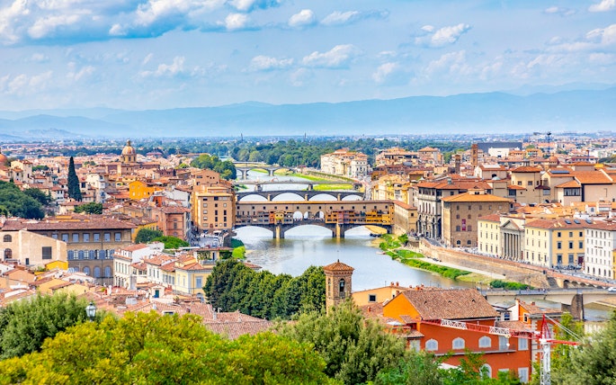 Florence cityscape with Ponte Vecchio and Arno River, Italy day trip.
