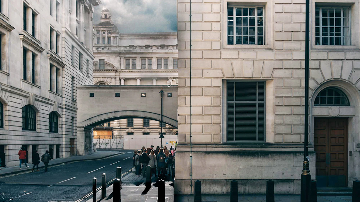 Tour group exploring Harry Potter film locations near Millennium Bridge, London.