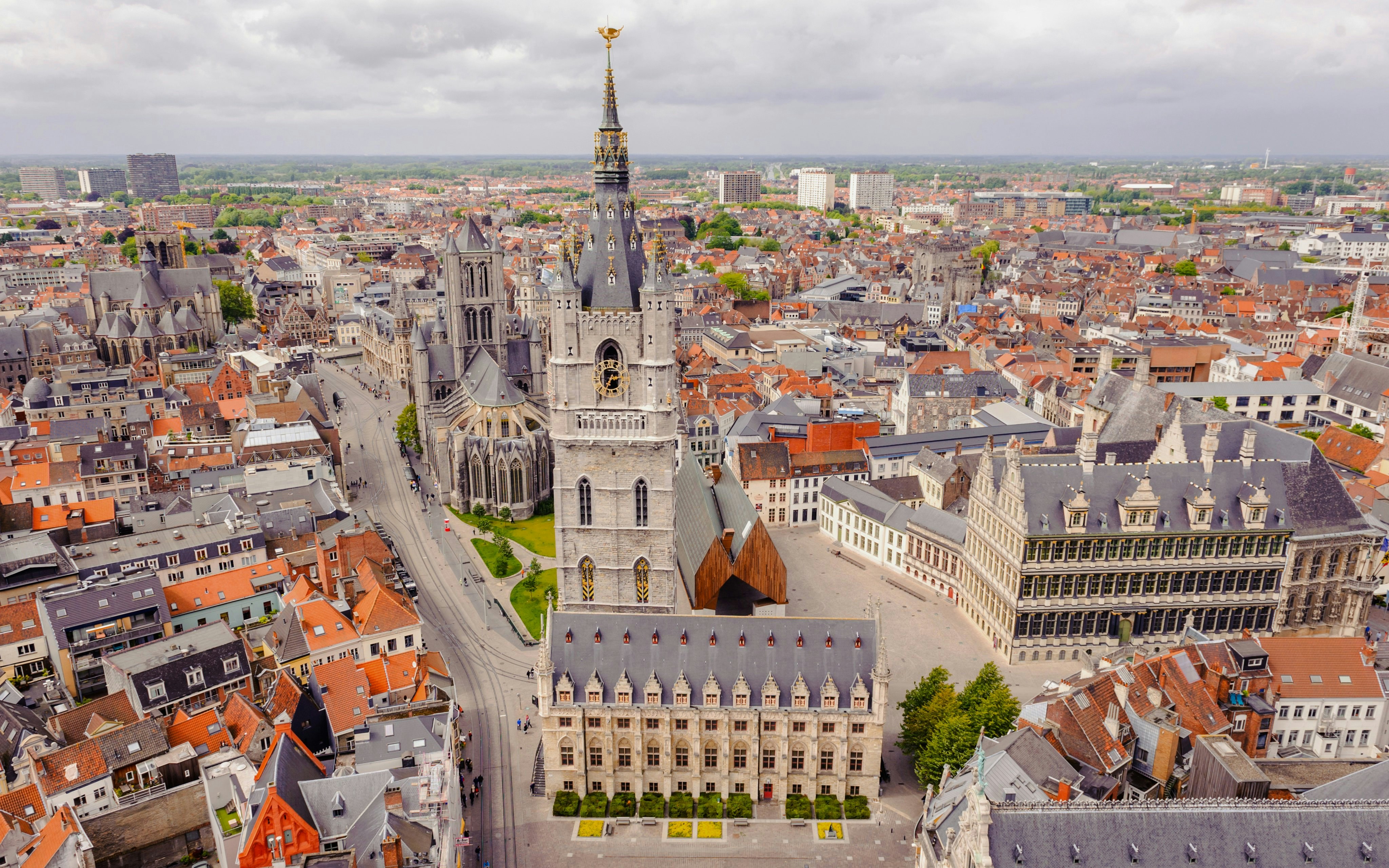 Aerial view of Ghent city center with Belfry of Ghent and St. Bavo's Cathedral, Belgium.