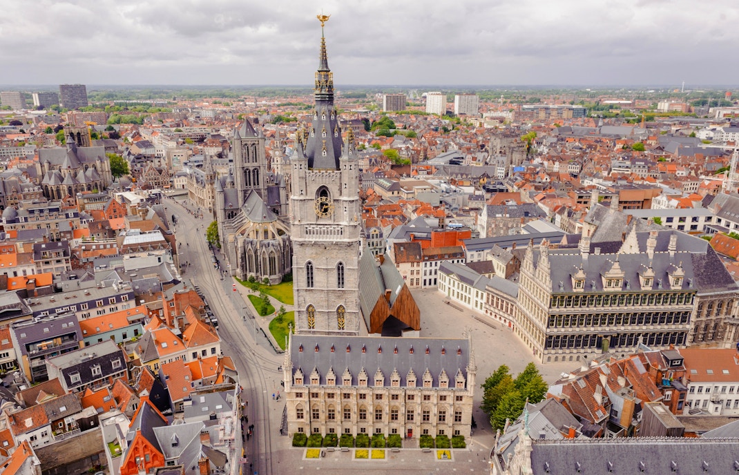 Aerial view of Ghent city center with Belfry of Ghent and St. Bavo's Cathedral, Belgium.