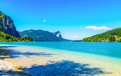 Clear lake with mountain backdrop in Salzkammergut, near Hallstatt, Austria.