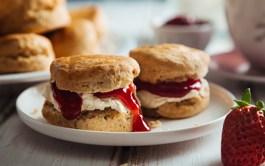 Scones with clotted cream and strawberry jam at the British Museum café.