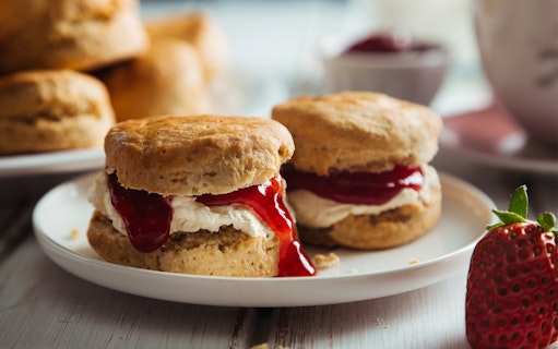 Scones with clotted cream and strawberry jam at the British Museum café.