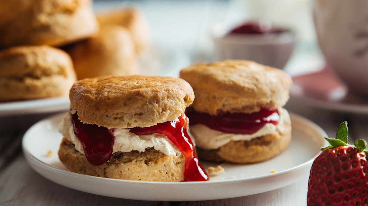 Scones with clotted cream and strawberry jam at the British Museum café.