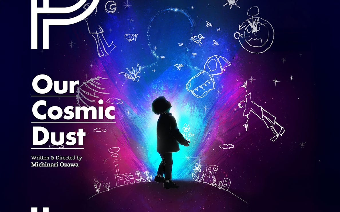 Silhouette of a child gazing at cosmic illustrations and stars, promoting "Our Cosmic Dust.