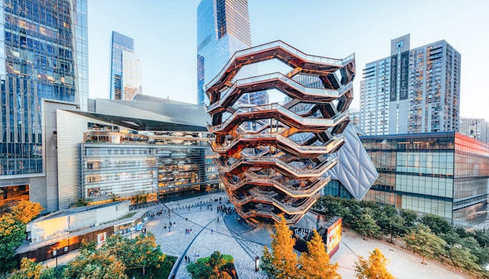 Exterior view of the Vessel's honeycomb structure in New York City.