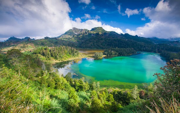 Dieng Plateau's Telaga Warna Lake with lush greenery, seen on a guided tour from Yogyakarta.