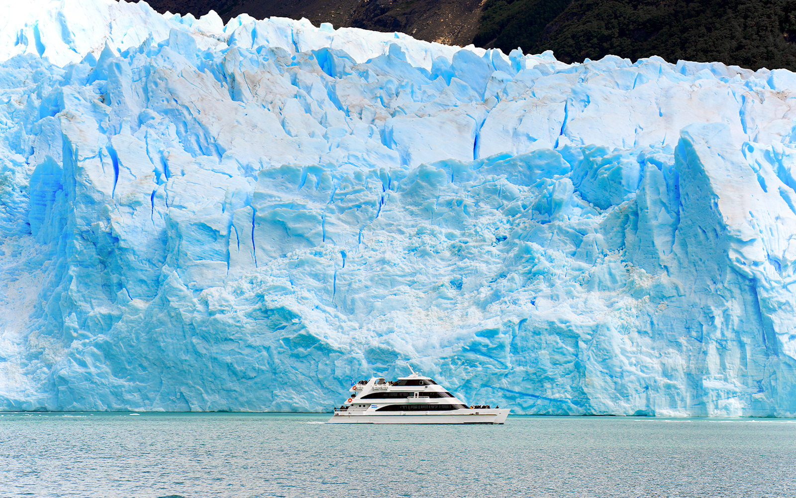 Catamaran cruising near Spegazzini Glacier in Argentina.