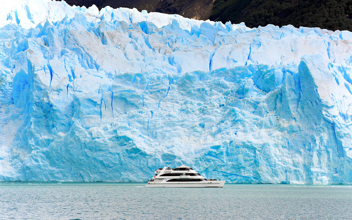 Catamaran cruising near Spegazzini Glacier in Argentina.