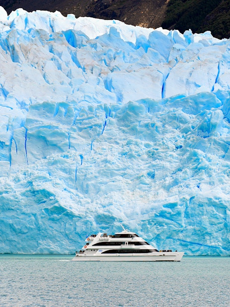 Catamaran cruising near Spegazzini Glacier in Argentina.