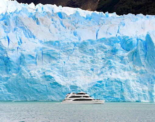 Catamaran cruising near Spegazzini Glacier in Argentina.