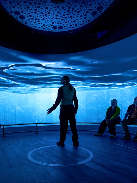 Visitors seated in an immersive room with ocean visuals during a sensory video journey in Scotland.