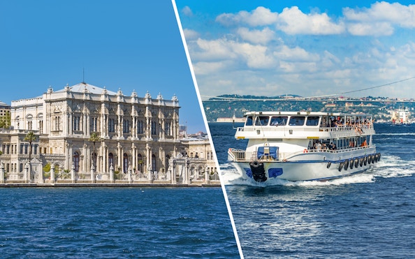 Dolmabahce Palace and Bosphorus cruise ship in Istanbul, Turkey.