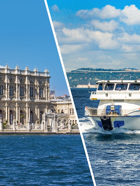 Dolmabahce Palace and Bosphorus cruise ship in Istanbul, Turkey.