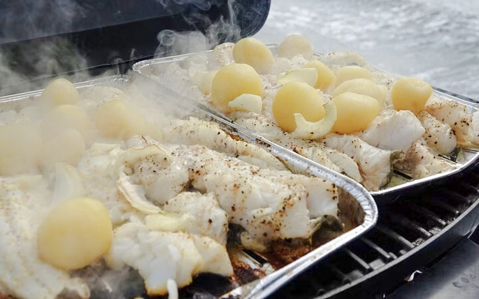 Grilled fish and potatoes on a BBQ during Reykjavík Sea Angling Gourmet tour.