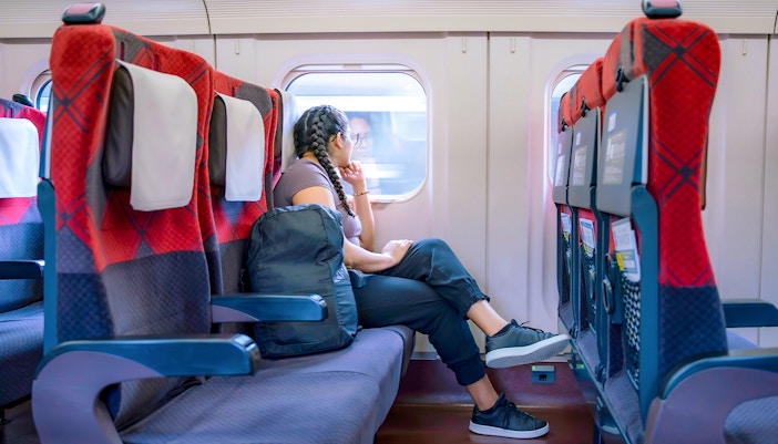woman sitting in train for Blue mountains