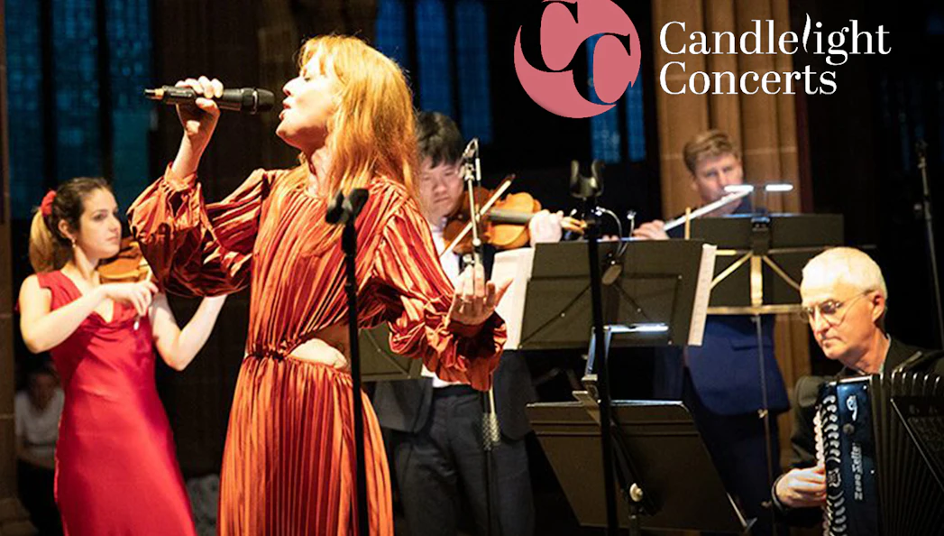 Singer and musicians performing West End musicals by candlelight.