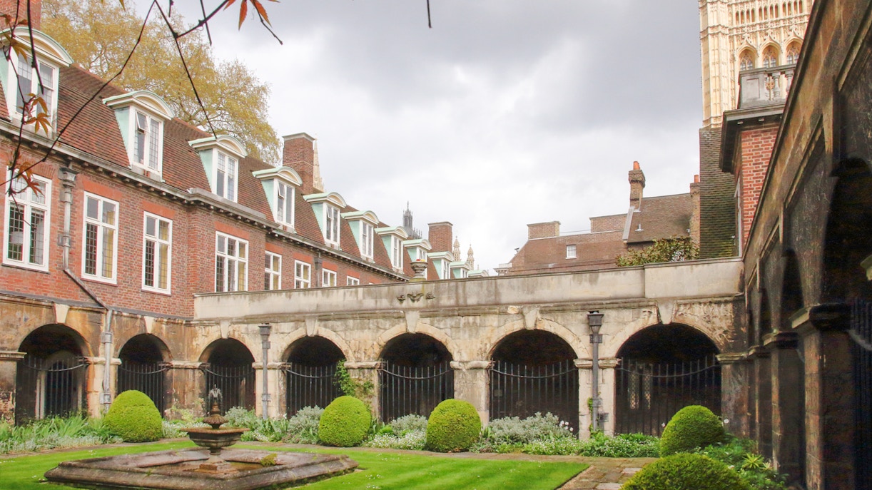 Courtyard with arches and fountain at Westminster Abbey, London.