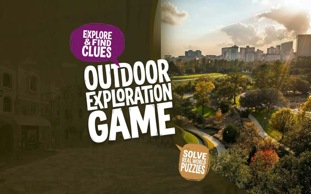 Outdoor exploration game in Houston Museum District with cityscape and park view.