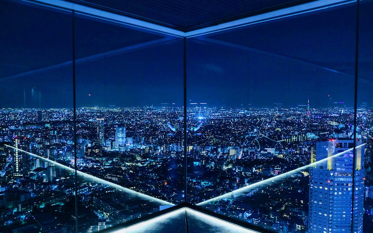 Aerial night view of Tokyo cityscape from Shibuya Sky Deck.