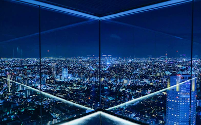 Aerial night view of Tokyo cityscape from Shibuya Sky Deck.