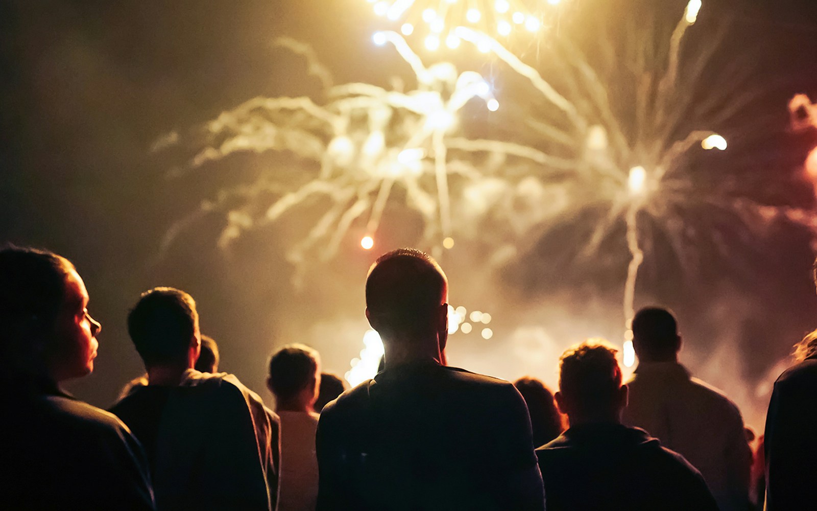 Crowd watching fireworks display at night.