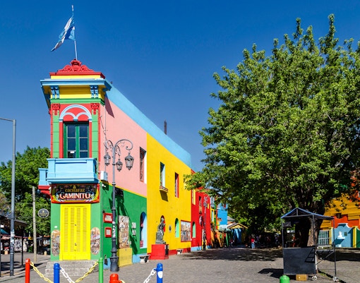 Colorful buildings in Caminito, La Boca neighborhood, Buenos Aires, Argentina.