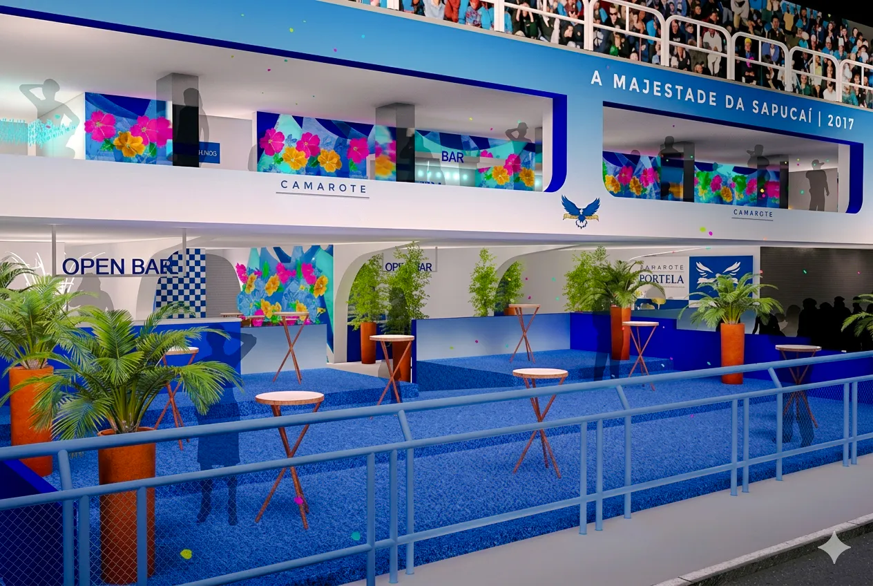 Camarote at Sapucaí with open bar and floral decor, Rio de Janeiro Carnival 2027.