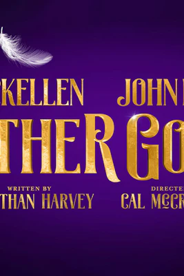 Mother Goose show poster with feathers, featuring Ian McKellen and John Bishop.