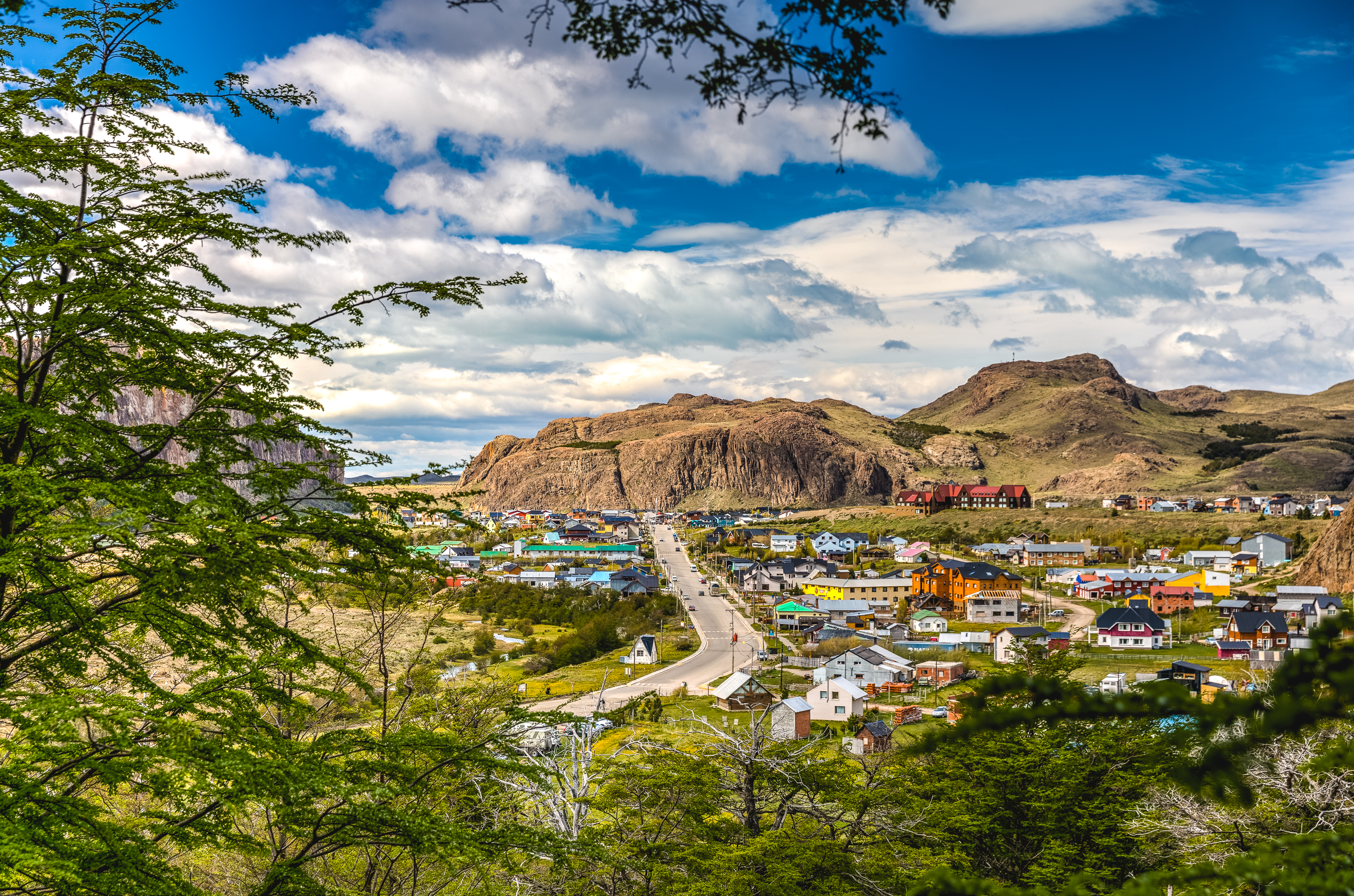 Aerial view of El Chaltén with Mount Fitz Roy in the background.