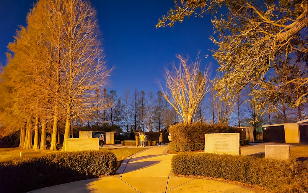 Nighttime view of a New Orleans cemetery with illuminated trees and visitors exploring pathways.