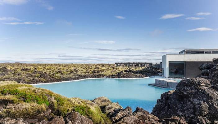 Silica Resort at Blue Lagoon, Iceland, with geothermal pool and surrounding lava fields.