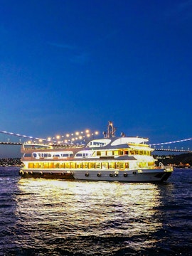 Cruise ship on Bosphorus at night with bridge lights, Istanbul.