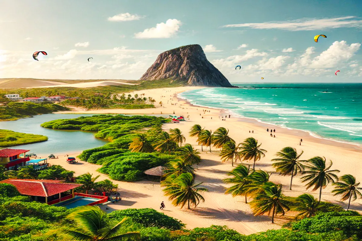 Beach with palm trees and Pedra Furada rock formation in Jericoacoara, Brazil, with kite surfers in the sky.