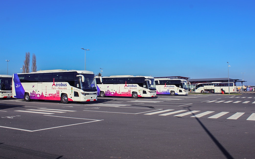 Aerobus buses parked at Paris Beauvais Airport for transfers to Saint-Denis University.