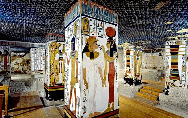 Valley of the Queens tomb interior with colorful ancient Egyptian murals, Luxor tour.