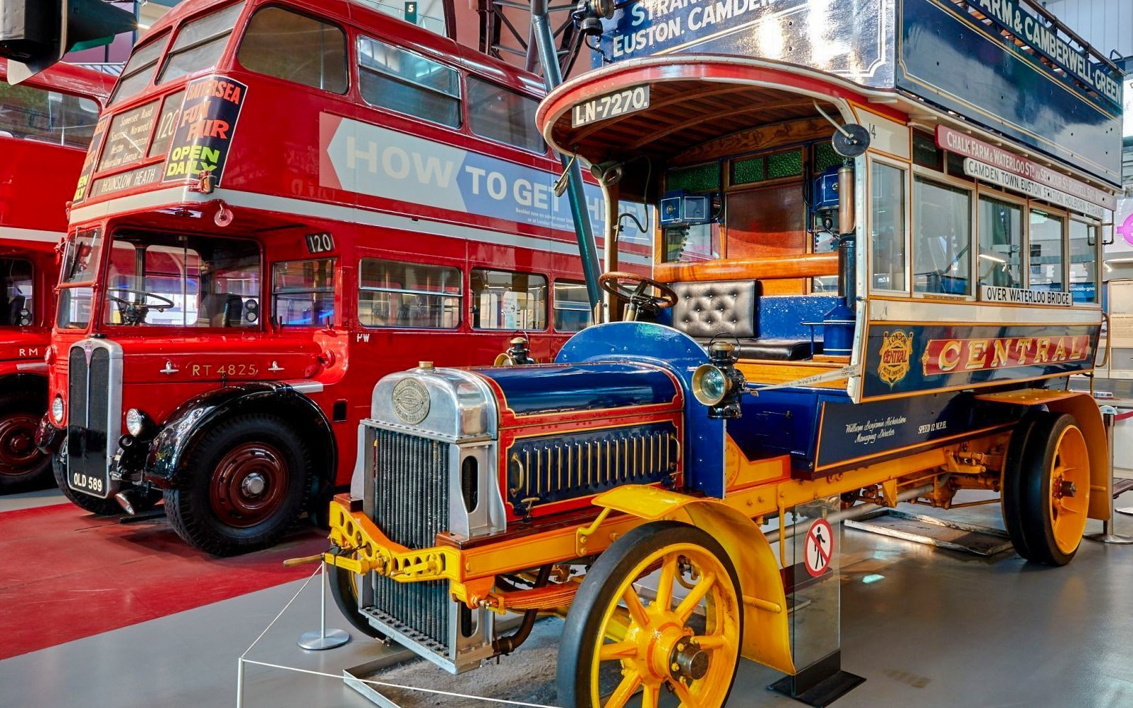 Historic buses at London Transport Museum exhibit.