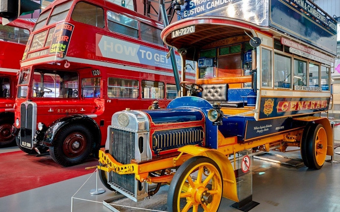 Historic buses at London Transport Museum exhibit.