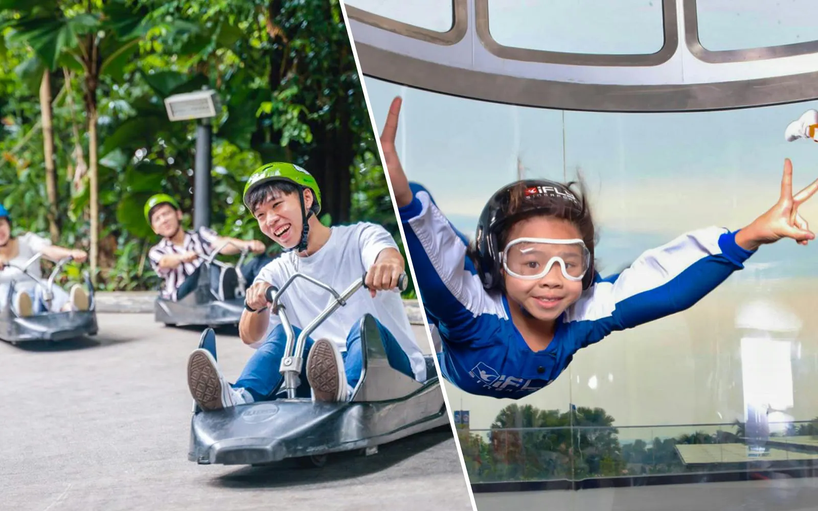Skyline Luge riders in Singapore and indoor skydiving at iFly Singapore.