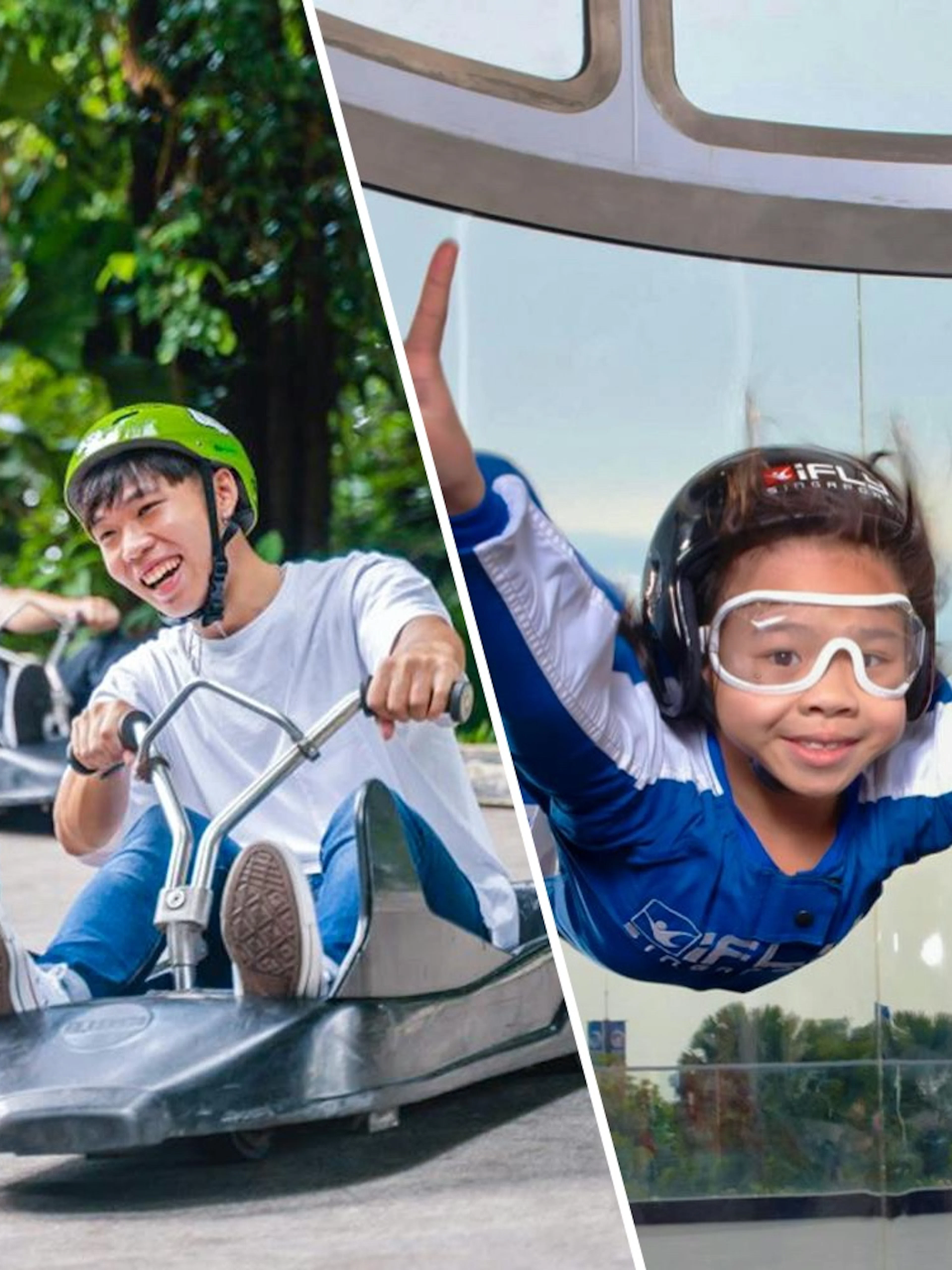 Skyline Luge riders in Singapore and indoor skydiving at iFly Singapore.