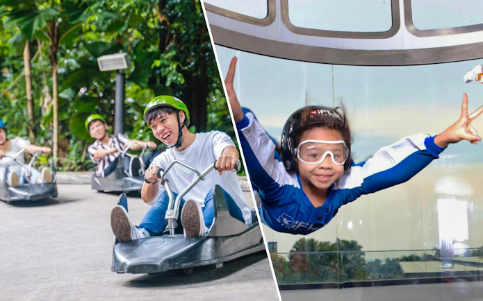 Skyline Luge riders in Singapore and indoor skydiving at iFly Singapore.