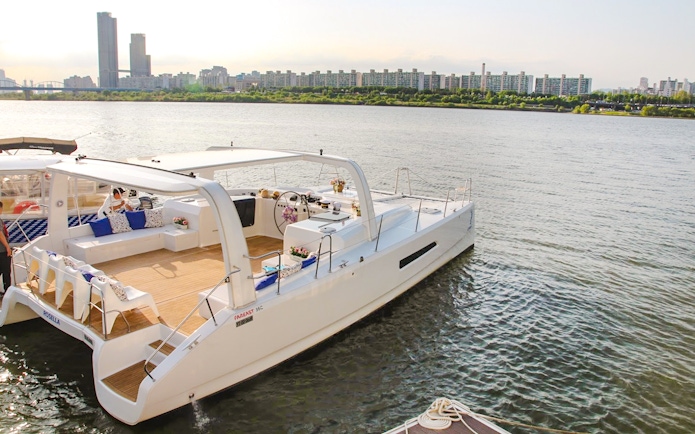 Yacht on Han River cruise with Seoul skyline in background.