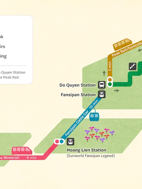 Map showing routes to Fansipan Summit via Sapa, Hoang Lien, and Do Quyen stations with cable car and hiking options.