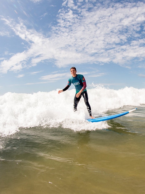 Group surf lesson with participants riding waves at a beach.