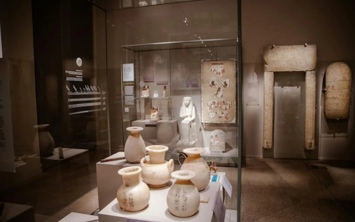 Ancient Egyptian artifacts displayed at the Egyptian Museum in Turin.