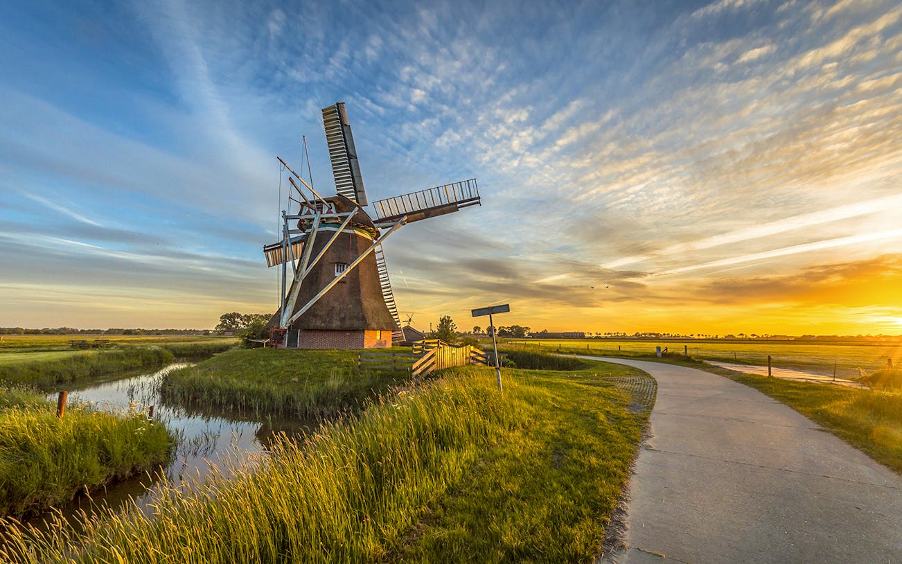 Windmill in the Dutch countryside at sunset, part of a full-day guided tour.