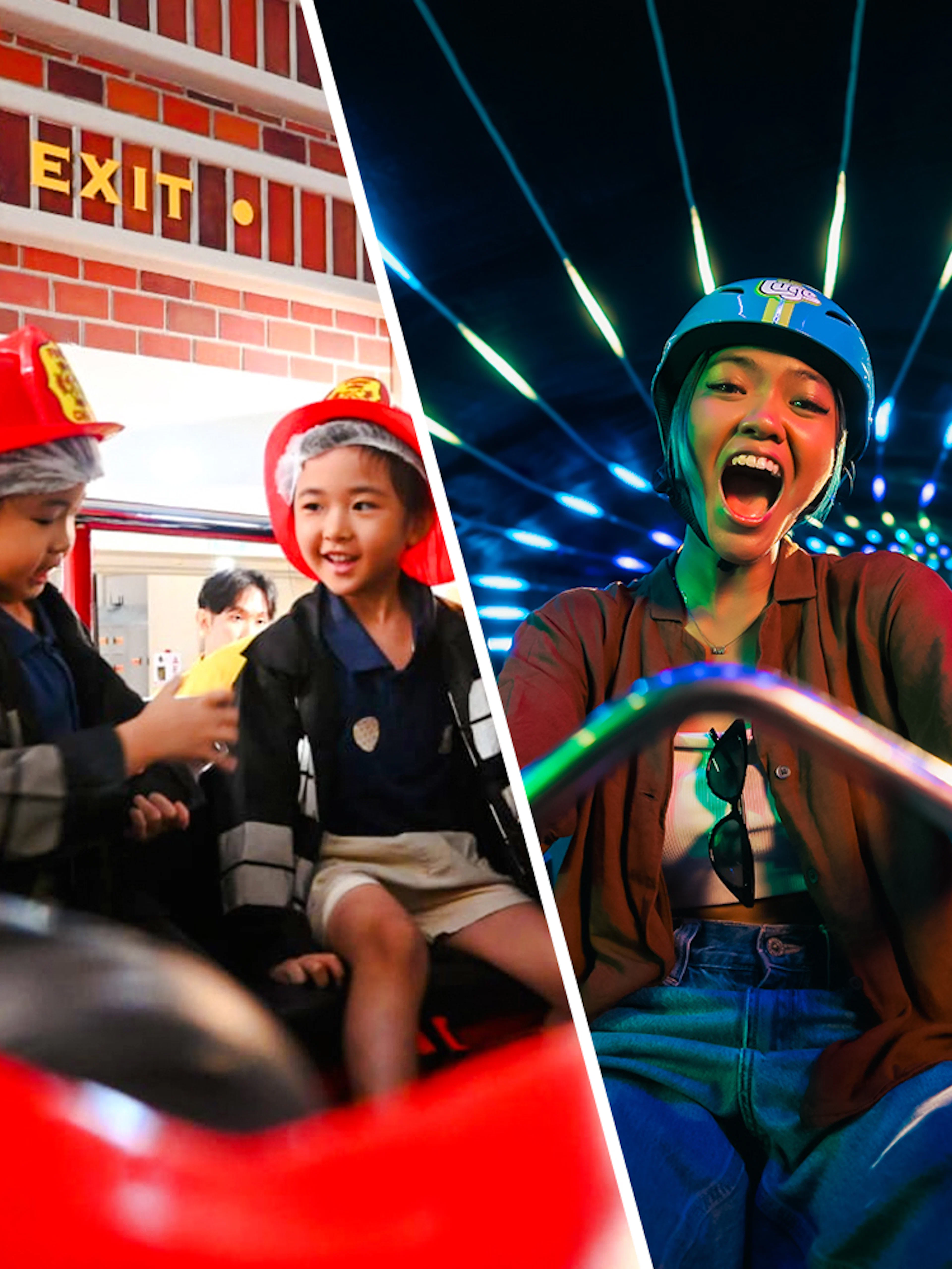 Children in firefighter uniforms role-playing at KidZania fire rescue.